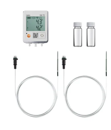 Testo 162 - zestaw do monitorowania temperatury w lodówkach, 2 sondy temperatury z taśmą NTC i 2 fiolki, bezpłatna aplikacja Smart-App